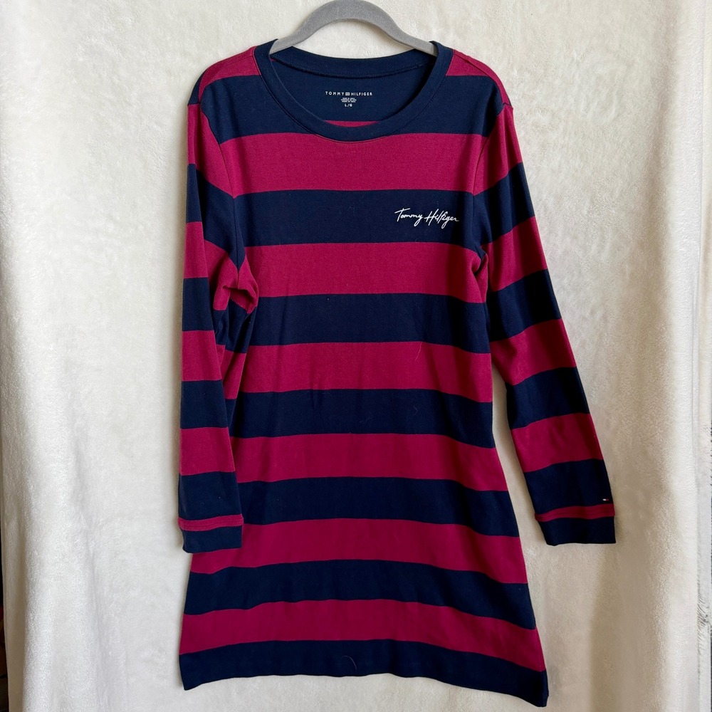Tommy Hilfiger Womens Navy Burgundy Rugby Striped Long Sleeve Shift Dress Sz L